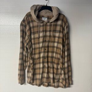 Old Navy Shirt Men Size XXXL Tall Tan Plaid Button Front Drawstring Hooded
